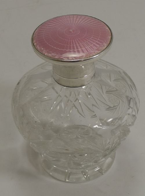 Cut Crystal Perfume Bottle - English Sterling Silver and Pink Guilloche Enamel