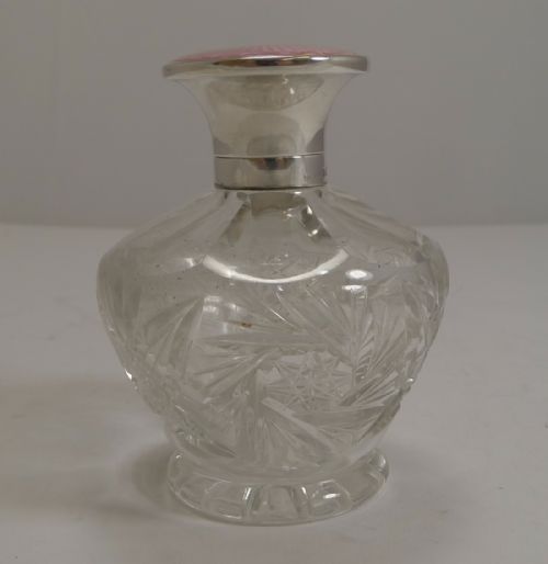 fig 1. Cut Crystal Perfume Bottle - English Sterling Silver and Pink Guilloche Enamel