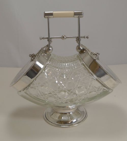 Rare & Grand English Glass and Silver Plate Automated Biscuit Box