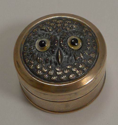Small Antique Brass Box - Owl with Glass Eyes C.1900