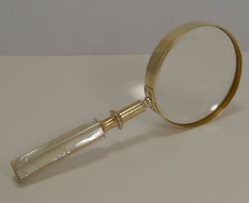 Antique English Brass and Mother of Pearl Magnifying Glass Dated 1891