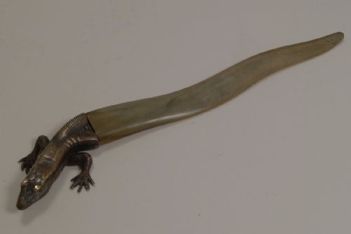 Antique English Horn & Brass Figural Letter Opener - Lizard