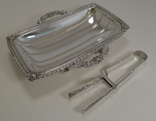 Superb Antique English Silver Plated Asparagus Dish and Tongs C.1880