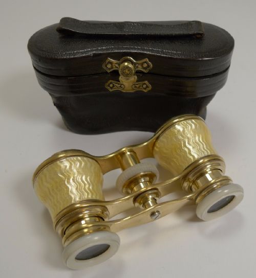 A Fine Pair Yellow Guilloche Enamel and Mother of Pearl Opera Glasses C.1910