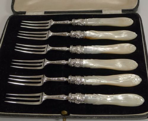Antique English Sterling Silver & Mother of Pearl Cake or Desert Forks - 1895
