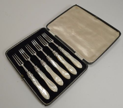 fig 1. Antique English Sterling Silver & Mother of Pearl Cake or Desert Forks - 1895