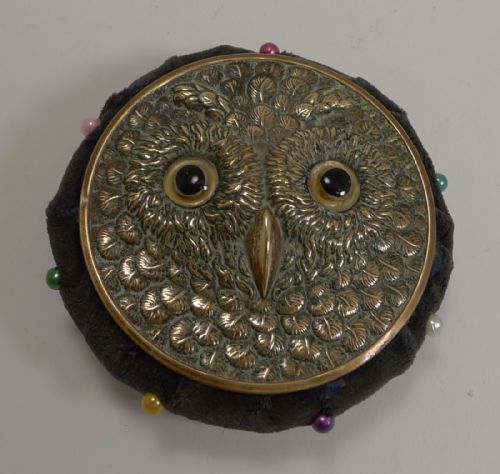 Antique Brass Novelty Pin Cushion - Owl with Glass Eyes C.1900
