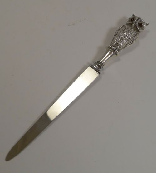 Antique Edwardian Novelty Sterling Silver Owl Letter Opener - 1908