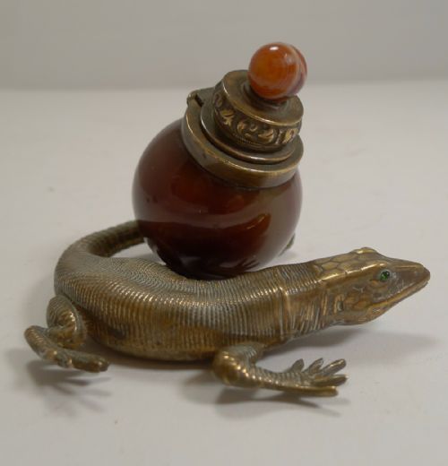 Fabulous Antique English Novelty Inkwell C.1880 - Lizard