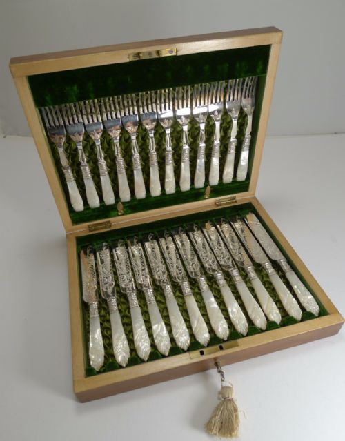 Finest Set Silver Plate and Mother of Pearl Fruit / Desert Knives and Forks
