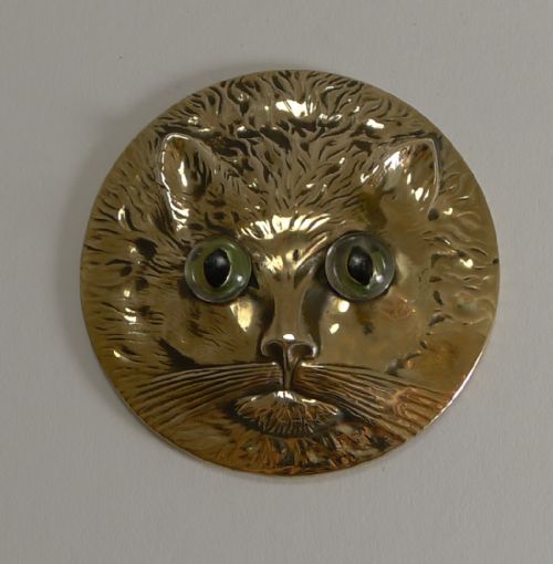 Small Antique English Brass Mirror with Original Glass Eyes C.1900 - Cat
