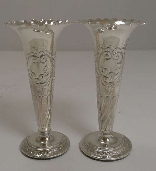 Pair Antique English Silver Posy Vases - Birmingham 1898 by Colen Hewer Cheshire.