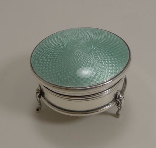 Pretty English Sterling Silver and Guilloche Enamel Jewellery / Ring Box