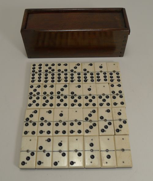 Antique English Boxed Set Bone & Ebony Wood Dominoes C.1890
