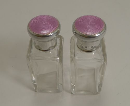 Pair Vintage English Sterling Silver & Pink Enamel Topped Scent Bottles - Asprey, London