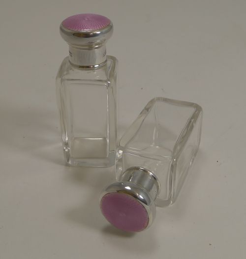 fig 1. Pair Vintage English Sterling Silver & Pink Enamel Topped Scent Bottles - Asprey, London