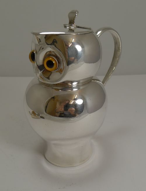 fig 1. Rare Antique English Novelty Silver Plated Jug - Owl With Glass Eyes c.1910