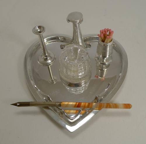 Antique Silver Plate Heart Shaped Desk Set by Hukin and Heath C.1900