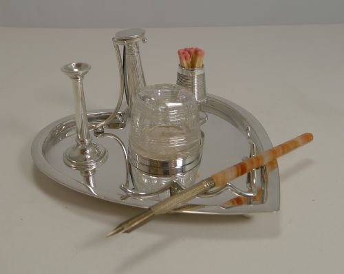 fig 1. Antique Silver Plate Heart Shaped Desk Set by Hukin and Heath c.1900