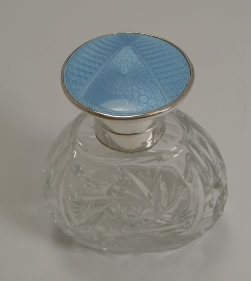 Art Deco Sterling Silver and Blue Guilloche Enamel Topped Perfume Bottle