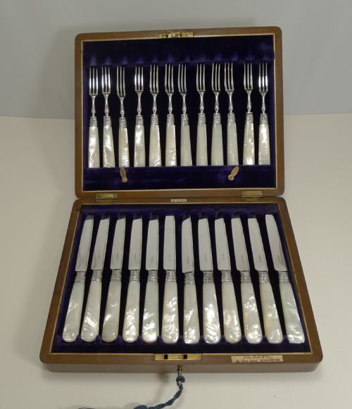 Antique English Silver Plate & Mother of Pearl Fruit Eaters - Sterling Ferrules - 1902