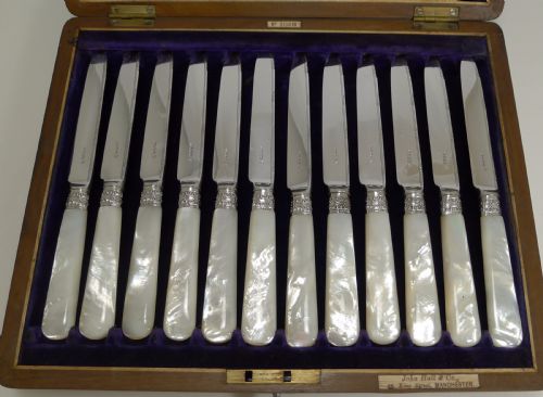 fig 1. Antique English Silver Plate & Mother of Pearl Fruit Eaters - Sterling Ferrules - 1902