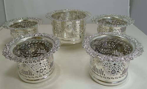 Suite Five Antique English Silver Plated Wine / Champagne Coasters or Holders C.1900
