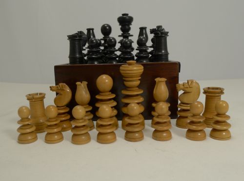 Antique English Regency Style Chess Set in Wooden Case C.1900
