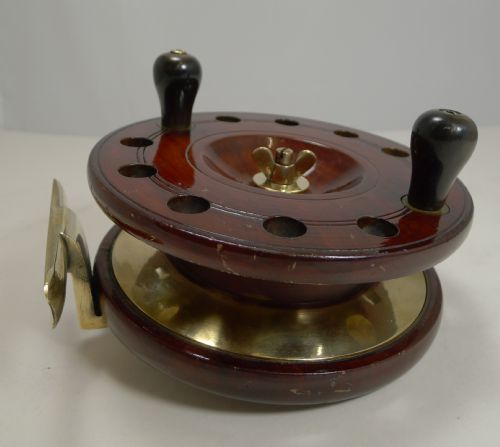 LARGE 7 12 ANTIQUE ENGLISH MAHOGANY AND BRASS STARBACK FISHING REEL C1910 - ADDITIONAL PHOTO 1