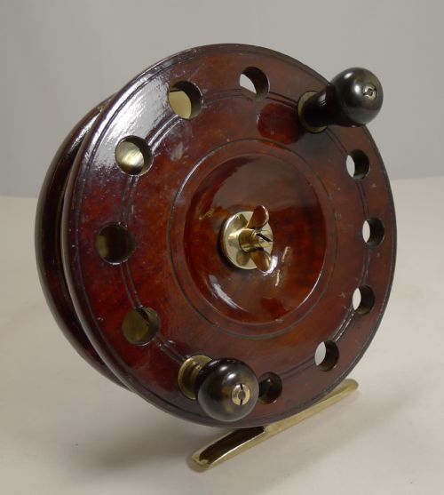 LARGE 7 12 ANTIQUE ENGLISH MAHOGANY AND BRASS STARBACK FISHING REEL C1910 - ADDITIONAL PHOTO 3