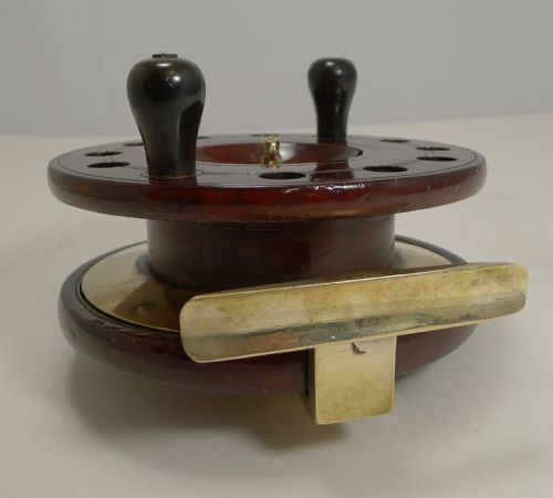 LARGE 7 12 ANTIQUE ENGLISH MAHOGANY AND BRASS STARBACK FISHING REEL C1910 - ADDITIONAL PHOTO 4