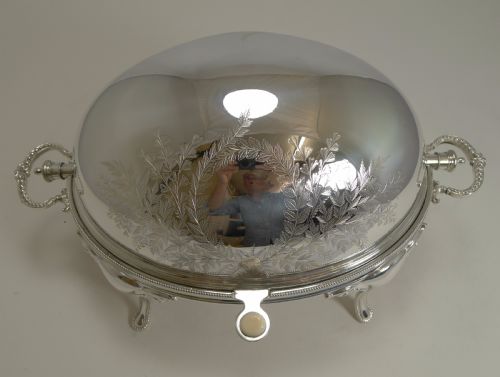 fig 1. Fine Quality English Silver Plated Breakfast Dish - Fern Engraved - 1891