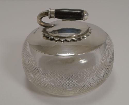 Magnificent Novelty English Crystal and Sterling Silver Inkwell - Curling Stone