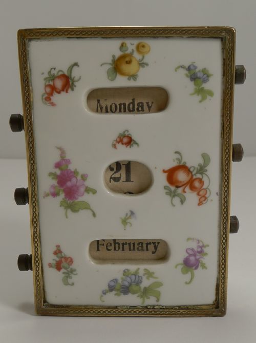 Pretty Antique French Hand Painted Porcelain Perpetual Desk Calendar