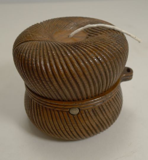 Rare Hand Carved Fruitwood String Box / Dispenser C.1880