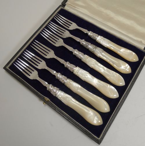 Antique English Sterling Silver & Mother of Pearl Cake or Desert Forks - 1913 / 1917