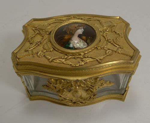 Antique French Napoleon III Crystal Box with Signed Enamel Inset