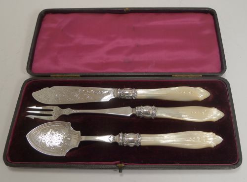 Antique English Sterling Silver and Mother of Pearl Serving Set