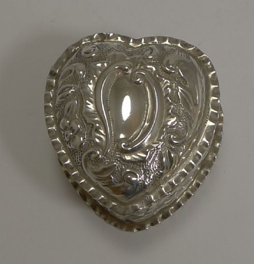 Antique English Heart Shaped Pill Box in Sterling Silver - 1895