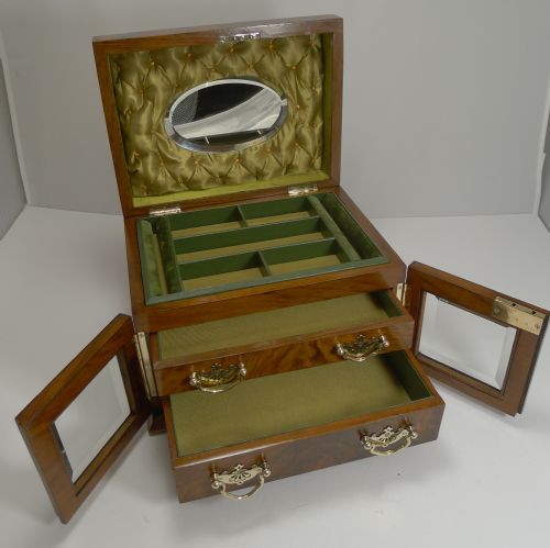 Large Antique English Walnut Jewellery Box / Cabinet - Bevelled Glass Doors C.1890