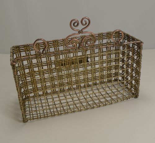 fig 1. Handsome Antique English Brass Mesh Letters Caddy or Holder c.1880