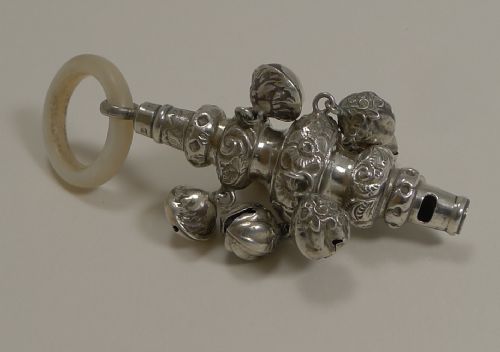 Antique English Sterling Silver & Mother of Pearl Baby Rattle - 1881