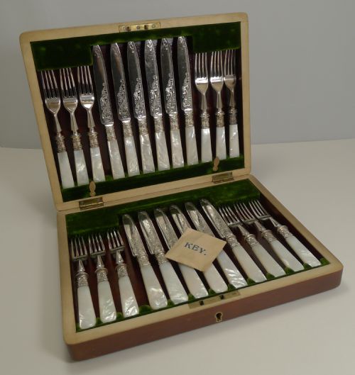 Magnificent Set 12 Fruit Knives & Forks / Mother of Pearl & Silver Plate C.1890