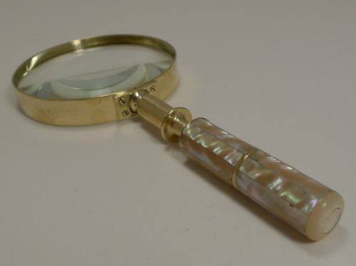 fig 1. Large Antique English Brass and Mother of Pearl Magnifying Glass c.1890