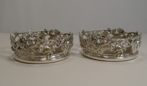 fig 1. Finest Pair Antique English Silver Plate Wine Coasters by Elkington - 1845