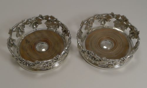 fig 2. Finest Pair Antique English Silver Plate Wine Coasters by Elkington - 1845