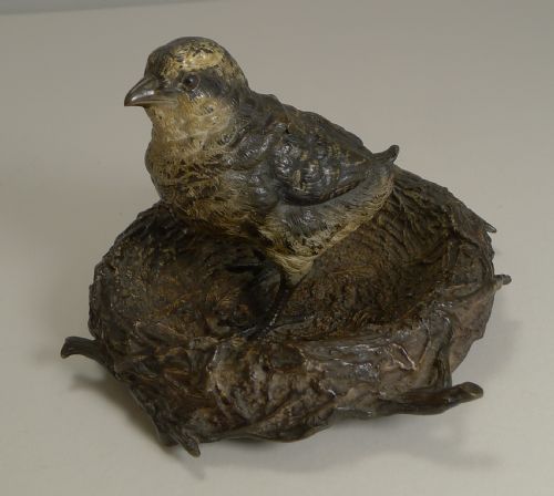 Wonderful Antique English Novelty Bronze Inkwell - Bird in Nest C.1880