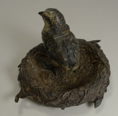 fig 1. Wonderful Antique English Novelty Bronze Inkwell - Bird In Nest c.1880
