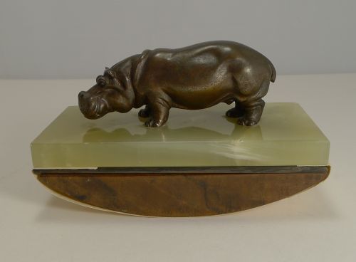 Fabulous Figural Bronze Desk Top Rocking Blotter by Asprey, London, C.1920 - Hippopotamus