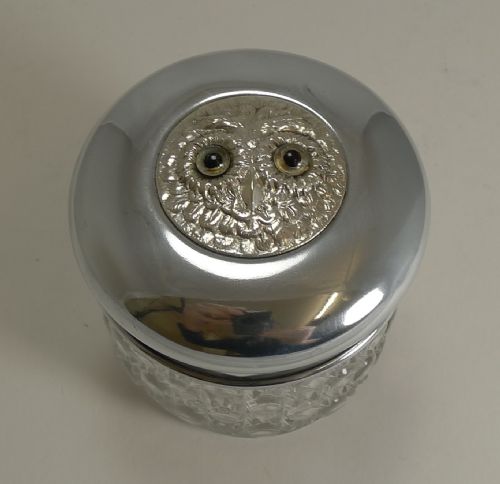 Antique English Vanity Jar - Silver Plated Owl with Glass Eyes C.1900